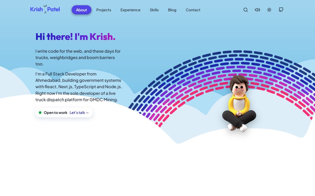 The portfolio home page in light mode, with a blue sky and a 3D character